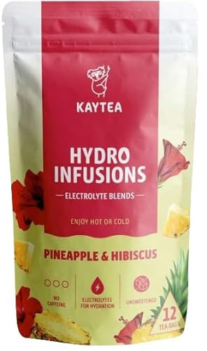 KAYTEA Pineapple & Hibiscus Herbal tea and Fruit Tea – 12 Hydro Infusion Tea Bags – Caffeine Free, Zero Sugar & Calories – Unsweetened Flavoured Tea with Added Electrolytes