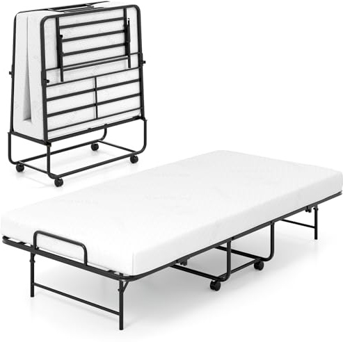 COSTWAY Brandina Pieghevole con Materasso, Letto Portatile per Ospiti con Telaio in Metallo Resistente, Letto Singolo con Ruote Bloccabili, 194x90 cm, Carico 220 kg