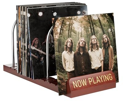 Bulado Now Playing Vinyl Record Holder, Wooden Vinyl Record Storage with Front Display Groove, Album Storage Stand Organizer for 50 LPs, Easy to Assemble, Magazine Holder Rack for Gift