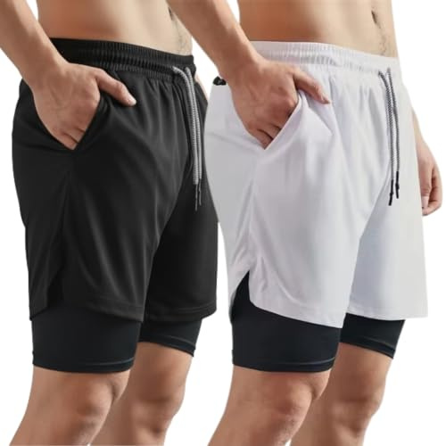 Pack de 2 Pantalones Cortos con Malla Ajustada 2 en 1 Deportivos Hombre para Gimnasio, Fitness, Culturismo y Gym. (M, N/B)