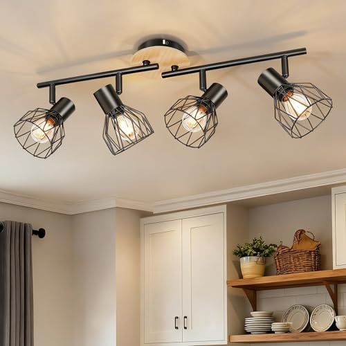 Ketom Plafonnier 4 Spot Noir, Luminaire Cuisine Plafond Bois, Plafonnier Orientable E14, Applique Murale 4 Spot avec Grille Métallique, pour Interieur, Cuisine, Chambre, Salon, Sans Ampoules