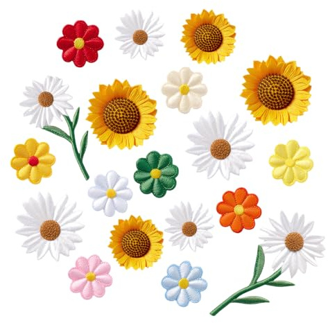 SHENLIU 19 Stück Bügelpatch Blumen, Bestickte Aufnäher zum Aufbügeln | Gänseblümchen Aufnäher Sonnenblumen Patches Bügelbilder für Textilien für Hut Jeans Kleidung Rucksäcke DIY-Zubehör
