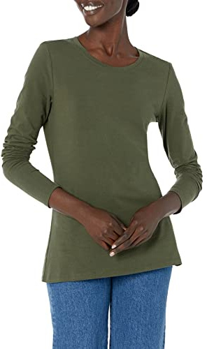 Amazon Essentials Women's Långärmad T-shirt med rund hals klassisk passform (finns i plusstorlek), Olivgrön, L
