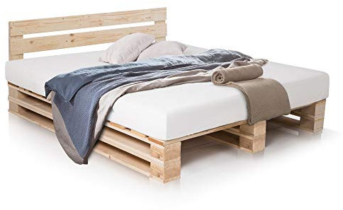 PALETTI Palettenbett inklusive Kopfteil Massivholzbett Holzbett Bett aus Paletten mit 11 Leisten, Palettenmöbel, 160 x 200 cm, Fichte Natur