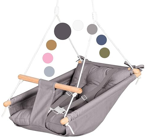Leinwand Baby Hängematte Schaukel von Cateam - Hängende Schaukel aus Holz für Baby mit Sicherheitsgurt und Montageteilen. Baby Hängemattenstuhl Geburtstagsgeschenk. (dunkelgrau)