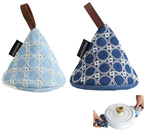 Yeemeen 2PCS Mini Gant de Four Bleu Broderie à la Main Petit Gants de Cuisine Résistant à Chaleur Gants de Barbecue Coton Doublure Manique de Cuisine Oven Gloves pour Gril, Cuisine, Cuire, Micro-Ondes