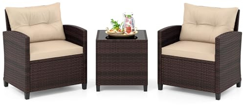 COSTWAY Ensemble de Meubles 3 Pièces de Patio en Rotin PE, Salon de Jardin 2 Fauteuils Table Basse avec Plateau en Verre Trempé 4 Coussins Amovibles, pour Cour Piscine, Charge 180KG (Marron+Beige)