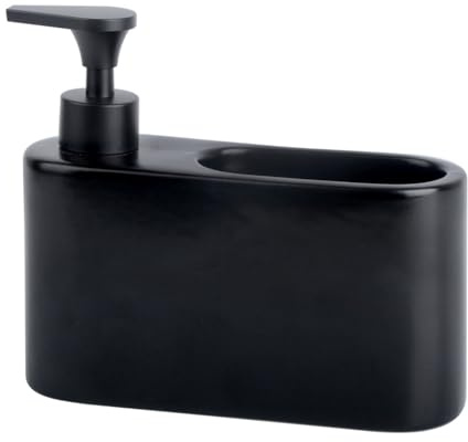 Kook Time Dispensador jabón Cocina Slim | Dosificador jabón Cocina con Soporte para estropajos | Organizador Fregadero de Cerámica | 18 x 6 x 15.8 cm. | Negro Mate