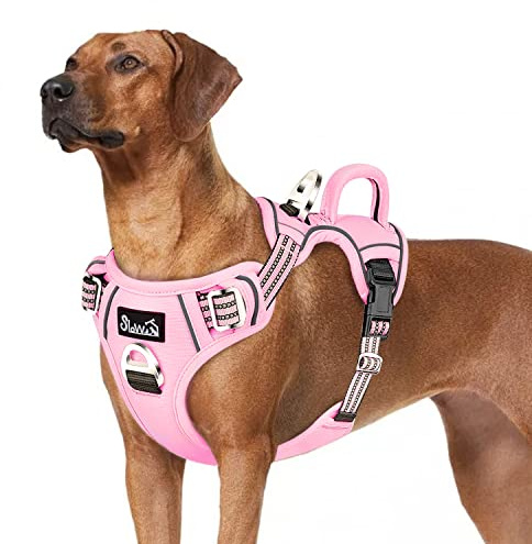 Eyein Hundegeschirr für Hunde mit 2 Clips und leicht zu bedienendem Griff | Anti Zug Brustgeschirr für große Hunde, Verstellbare & reflektierende Geschirr für tägliches Training (Rosa, XL)