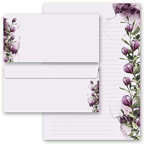 Briefpapier Set, 20 tlg. Blumen & Blüten, KROKUSSE 10 Blatt Briefpapier + 10 passende Briefumschläge DIN LANG ohne Fenster