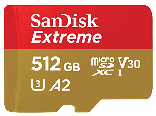 SanDisk 512 GB Extreme microSD UHS I Karte für 4K-Video auf Smartphones, Action-Kameras und Drohnen, 190 MB/s Lesen, 130 MB/s Schreiben, SDSQXAV 512G GN6MN, Rot/Gold