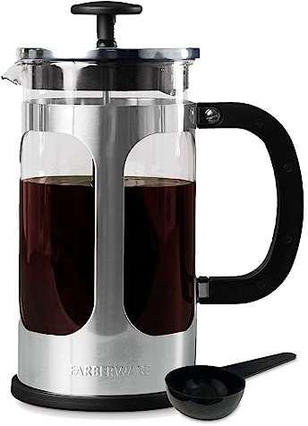 Farberware Cafetera de prensa francesa, cafetera de té y espresso, prensa fría de acero inoxidable, vidrio de borosilicato resistente al calor, sin BPA, cuchara medidora incluida, capacidad para 8