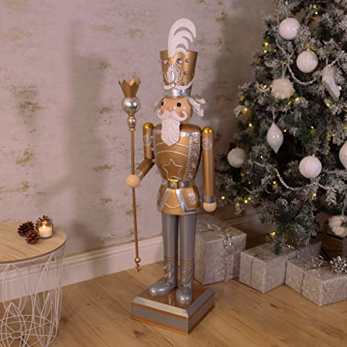 Marco Paul Enchanting Nutcracker Soldier Statue with 23 LED Lights - Battery Operated Christmas Decor - Hand-Painted Metal InLit Gold and White Nutcracker Ornaments for Indoor Use (119cm)