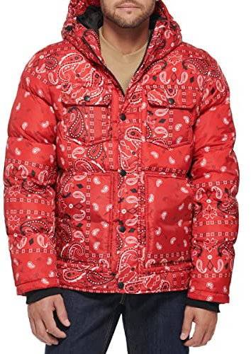Levi's Herren Performance Hooded Puffer Trucker Jacke (normale und große Größen), Bandana Rot, S