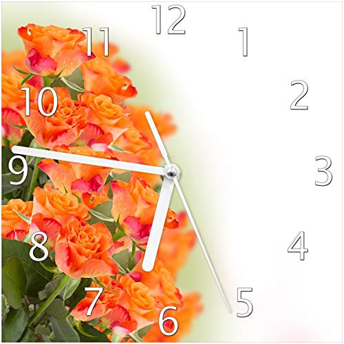 Wallario Design-Wanduhr Orangene Rosenblüten im Strauß aus Glas, Motiv-Uhr Größe 20 x 20 cm, weiße Zeiger