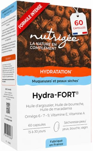 NUTRIGÉE – Hydra-FORT - Hydratation Peau & Muqueuses - Sécheresse Vaginale, Oculaire & Peau Déshydratée – Concentration Oméga 7-60 Capsules – 30 jours