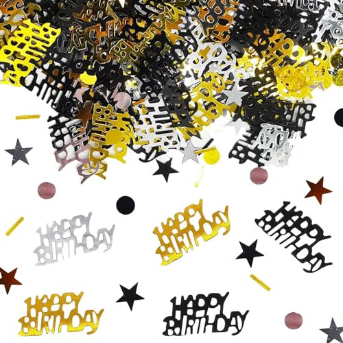 15 g Happy Birthday coriandoli e decorazioni nero e oro, decorazione da tavolo, lamina metallica luccicante da spargere
