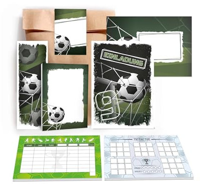 10 Einladungskarten Fußball zum 9. Kindergeburtstag Geburtstag Kinder Jungs Fussball Turnier inkl. 10 Umschläge, 10 Tüten, 10 Aufkleber, 10 Lesezeichen, 10 Blöcke, 10 Stadt-Land-Fluss, 10 Tic Tac Toe