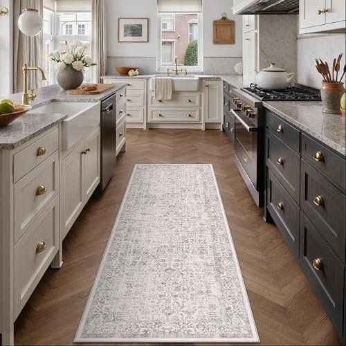 PureCozy Gray Runner Rug 2x5 Hallway Machine Washable Kitchen Vintage Distressed Non Slip Carpet Indoor Grey Retro Floral Bedroom Accent Throw Rug for Bathroom Office Laundry Dining Living Room