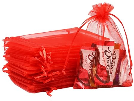 POPOYU 100 Pezzi Sacchetti Organza,10 * 15cm Rosso Sacchetti Organza Regalo,Borse Organza con Coulisse,Sacchetti Confetti per Bomboniere,Matrimonio,Caramella,Gioielli