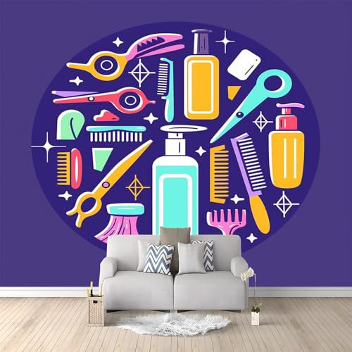Fototapete Cartoon-Friseurwerkzeuge Lila 200x140 cm 3D Vliestapete Wandbild, Mustertapete Moderne Wandtapete, Wohnzimmer Schlafzimmer Kinderzimmer Büro Flur Wanddeko