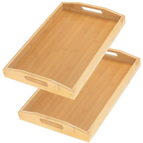 KEILEOHO 2 Stück 40 x 30cm Bambus Serviertablett, Holztablett Rechteckig mit Griff, Küchentablett Holz Tablett Servierplatte für Küchen, Deko
