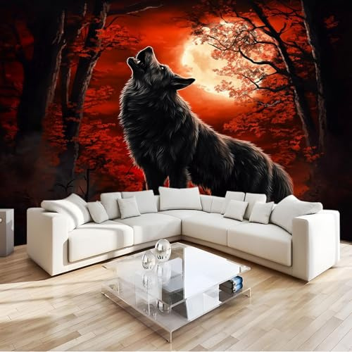 Fototapete Tier Wolf Wald Mond Rot Tapete Wandtapete Wanddeko Design 200x140 cm Mustertapete Wand Dekoration Wohnzimmer Schlafzimmer Büro Flur