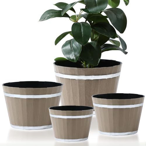 SE SUN-E 4 Stück Pflanzentöpfe Whiskey-Fass-Pflanzgefäß Blumentopf mit Entwässerungslöchern Kunststoff Dekoration Große Pflanzgefäße für Indoor Outdoor Pflanzen Garten Home Für alle Zimmerpflanzen