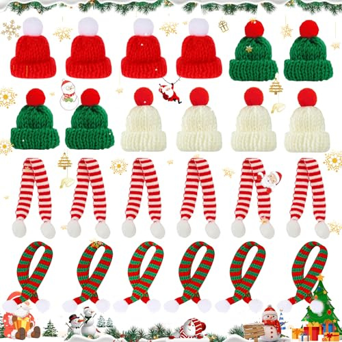 Dtoterul Mini Weihnachtsmütze und Schal Set - 24 Stück Zum Basteln, Strickmütze Des Weihnachten Für Weinflasche Abdeckung, Weihnachtsfeiern (Rot+Grün)