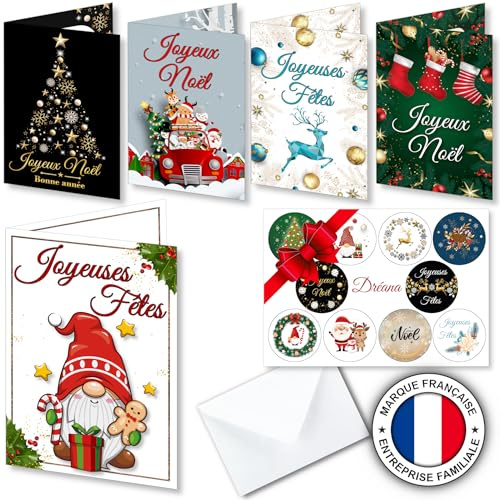 Kit de 10 cartes pliantes de Noel en FRANCAIS pour vos cartes de vœux, invitations ou cadeaux de noël (KIT=10 cartes doubles + 10 enveloppes + 10 stickers). 5 modèles différents(Kit cartes pliantes)