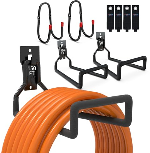 3-H Schlauchhalter 8er-Set,Wandhalterung für Gartenschlauch Kabel,Schwarz | Für Wasserschlauch & Verlängerungskabel. Inkl. Aufbewahrungsgurt. Robust, rostfrei, ideal für Garage Garten & Werkstatt