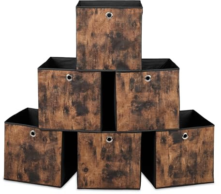 Relaxdays Aufbewahrungsbox, 6er Set, HxBxT: 30x30x30 cm, schwarz/braun | Stoff, Holzoptik, Griffloch, faltbare Regalboxen