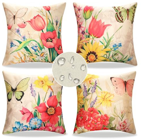 Funda Cojin 40 x 40 Funda de Cojines Impermeable Cojines Decorativos Tulipanes Rojos de Verano Fundas de Almohada Sofa Decorativo Duradero Cremallera Oculta para Silla Cama 4 Piezas
