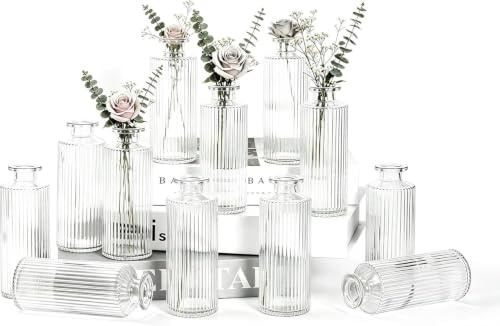 Sawoake Small Vases, Pack of 12 Glass Vases for Table Decoration, Mini Vases, Glass Bottles for Home, Weddings, Birthdays, Festivals (Transparent Vertical)