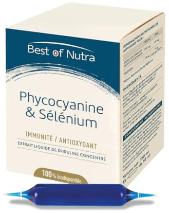 Best of Nutra - Phycocyanine & Sélénium - Spiruline Brevetée Naturelle - Complément Alimentaire Immunité Adulte, Thyroïde et Antioxydant - 100% Biodisponible - 15 Ampoules de 10ml - Made in France
