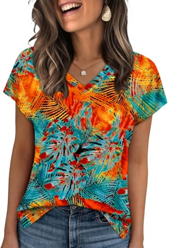 WIHOLL T Shirts for Women V Neck Summer Tops Ladies Short Sleeve Casual Tee Tropical Palm Size 14-16