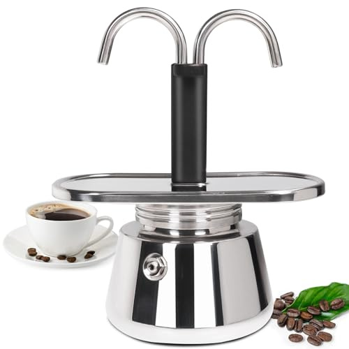 DITOSH 2 Cup Dual Pipe Moka Pot Stainless Steel Stovetop Espresso Maker Cafeteras Italian Percolator Espress Makers Capable Greca Mocha Coffee Machine for Induction Home 150ml 5.1oz