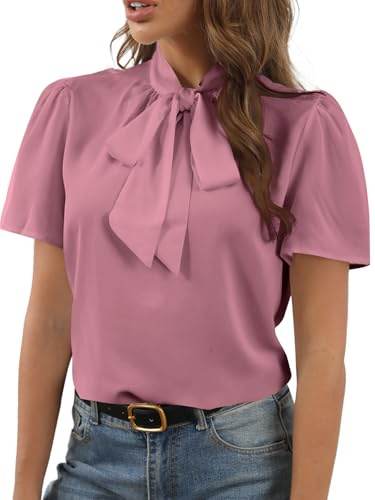 Rooscier Women's Bow Tie Knot Mock Neck Short Sleeve Elegant Workwear Blouse Shirt Top, Dusty Pink, M