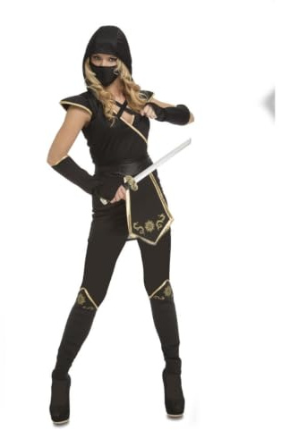 My Other Me - Costume Ninja da donna, taglia M-L. Include abito con cappuccio e maschera nera, cintura, polsini e leggings neri con bordi dorati. Diventa una guerriera furtiva!