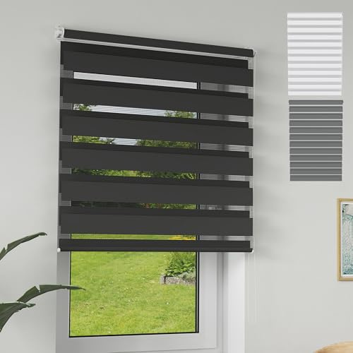 XMTECH Doppelrollo Klemmfix ohne Bohren Schwarz 60x220 cm – Zebra Rollo lichtdurchlässig & verdunkelnd, Duo Rollo Klemmrollo für Fenster & Türen, modernes Seitenzugrollo Sonnenschutzrollo
