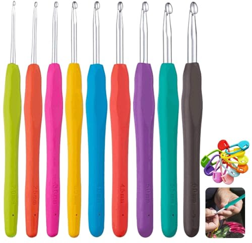 9-teilige Häkelnadel Set 2,0-6,0 mm Ergonomische Stricknadeln - Häkelnadeln mit Bunter Häkelkopf Inklusive Maschenmarkierer 20 für Anfänger