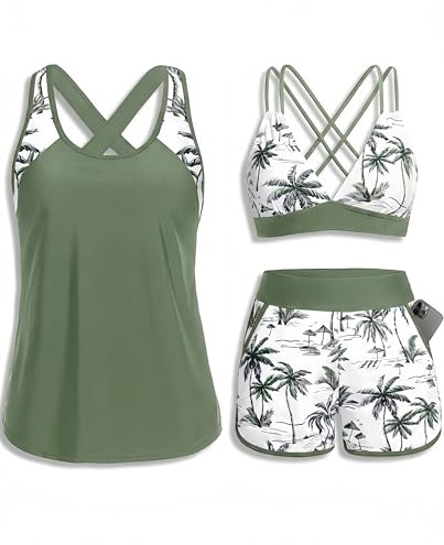 Daci Green Palm Tree Women 3 Piece Tankini Swimsuits - Tummy Control Tank Top with Bra Modest Bathing Suit with Pockets Boyshorts Bottom 2026 S