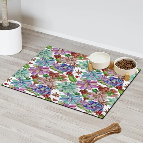 Watercolor Succulents Pet Feeding Mat for Cat Dog Water Bowl Food Mats Succulents Pet Feeding Mats Absorbent Nti-Slip Contain Spills Protects Floors Placemat 60.9 x 81.2 cm
