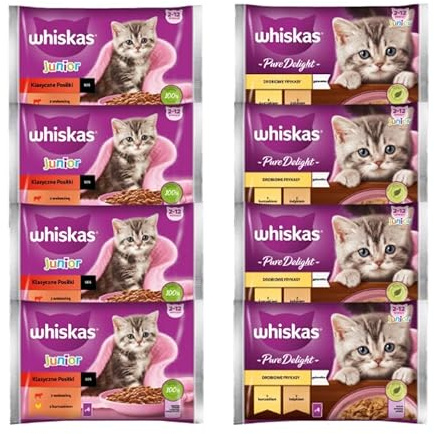 Whiskas Junior Nass Pad-Set Kätzchen Classic Mahlzeiten 4x4x 85g + Whiskas Junior Geflügelfriesen 4x4x 85g