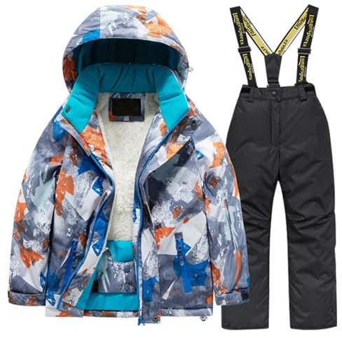Genérico Conjunto de Esquí Infantil con Chaqueta y Pantalón Térmico Impermeable para Actividades Invernales de Nieve y Montaña (Grey, 12-14 Years)