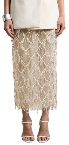 Apvirdy Sequin Skirt for Women Sparkly Fringe Sheer Overlay Skirt High Waist Side Split Midi Skirts for Wedding Party Apricot