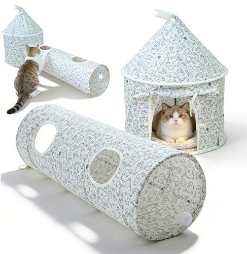 Katzentunnel 3 in 1, Faltbar Katzen Tunnel mit Guckloch und Ball, Katzen Spieltunnel, Hasentunnel Interaktives Katzenspielzeug Rascheltunnel für Katzen Welphln Kleintiere Indoor Outdoor(‎Beige)
