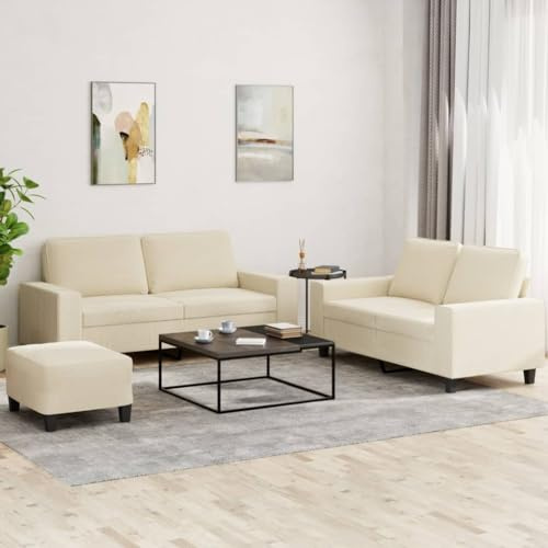 QUAHEAS 3-TLG. Sofagarnitur, Creme Stoff, Modernes Design für Wohnzimmer, Robustes Gestell, Bequeme Polsterung, Inklusive Fußhocker, Langlebige Wohnzimmermöbel