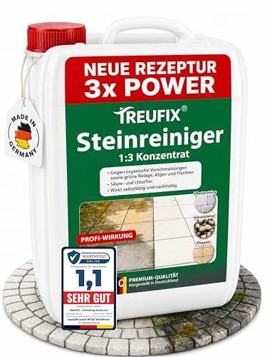 Treufix Steinreiniger Konzentrat 5L für Pflastersteine & Terrasse | Profi Steindusche Hof & Wege kraftvolle Reinigung gegen Schmutz, Algen, Grünbelag & organische Verschmutzungen – Made in DE