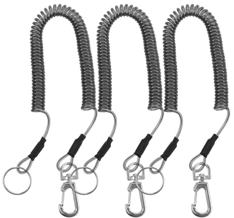 GARVALON Lot de 3 Cordons Porte-clés Rétractables Spirale en Fil D’Acier Noir 1,5 M, Lanières Sécurisées pour Accessoires de Pêche et Kayak, Corde Élastique Résistante pour Sport et Plein